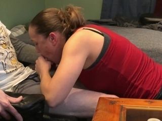 'MILF Whore sucking cock like a machine pushed down to finish and swallow TX'